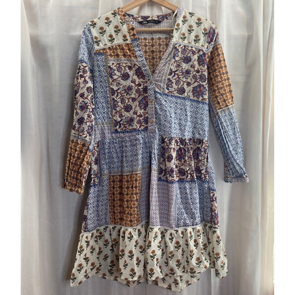 ZARA Boho Patchwork Floral Tiered Midi Dress Long Sleeve 100% Cotton XS Festival